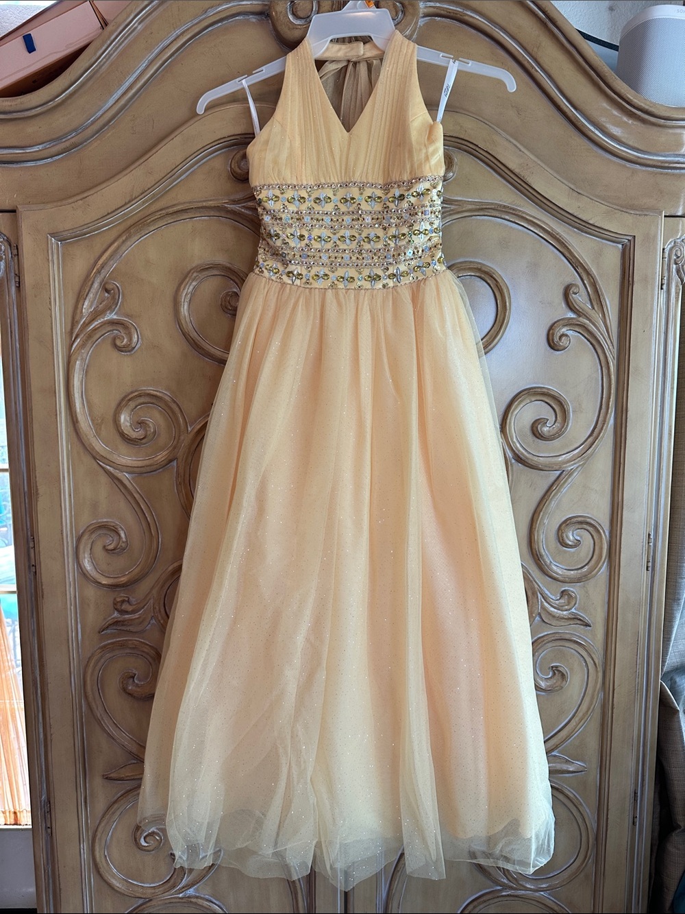 Pageant Girls' Formal Dress with Jeweled Waist - Halter/ Sparkling Yellow